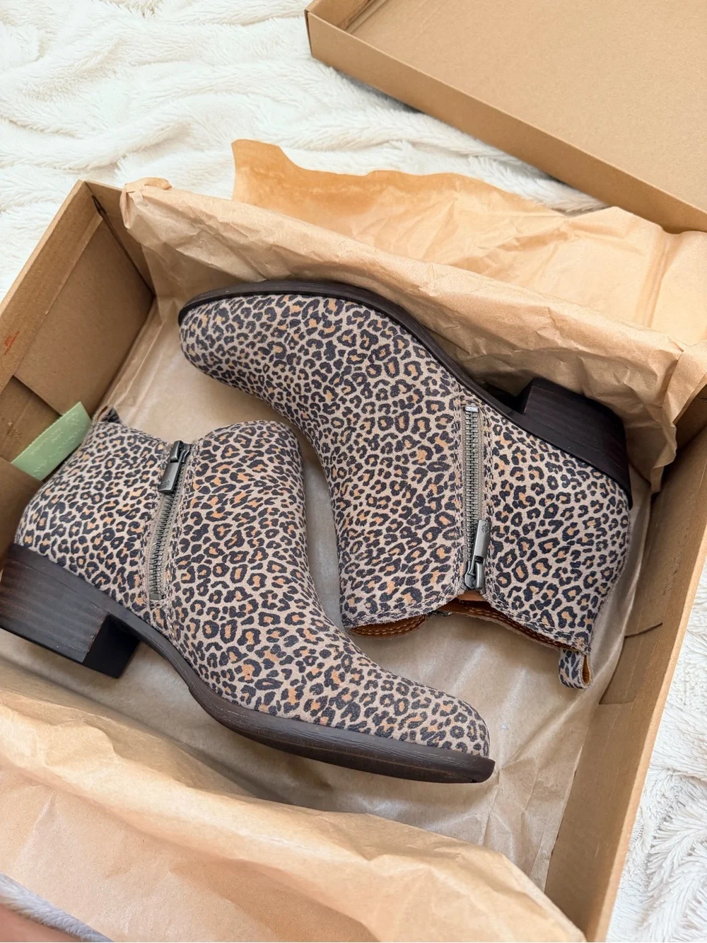 NIB Lucky Brand Basel leather cheetah ankle booties Sz 7.5 women’s